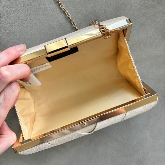 Cream and Gold Satin Clutch with Gold Chain Clasp Closure Evening Clutch - Picture 8 of 8